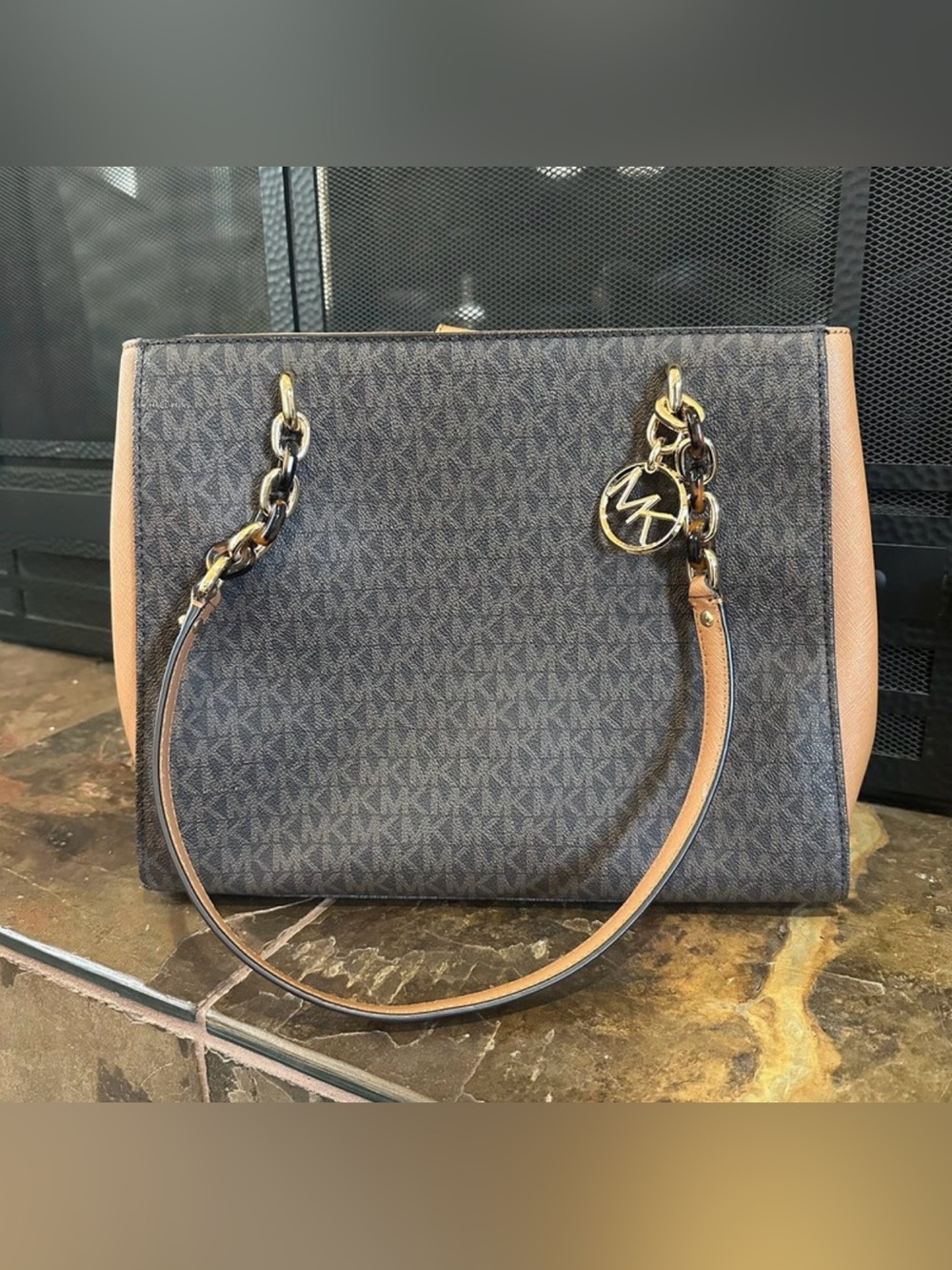 Michael Kors Sofia Dark Brown MK Logo Tote Purse with Tan Trim and Gold Hardware